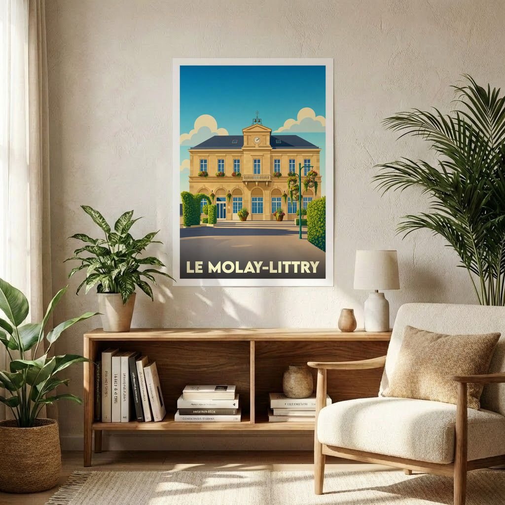 Affiche souvenir de la ville de Le Molay-Littry avec une illustration stylisée de son hôtel de ville.