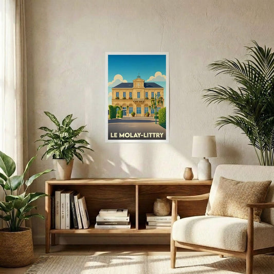 Affiche souvenir de la ville de Le Molay-Littry avec une illustration stylisée de son hôtel de ville.