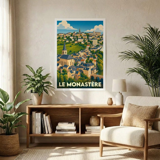 Affiche souvenir de la ville de Le Monastère avec une illustration stylisée et colorée du paysage urbain.