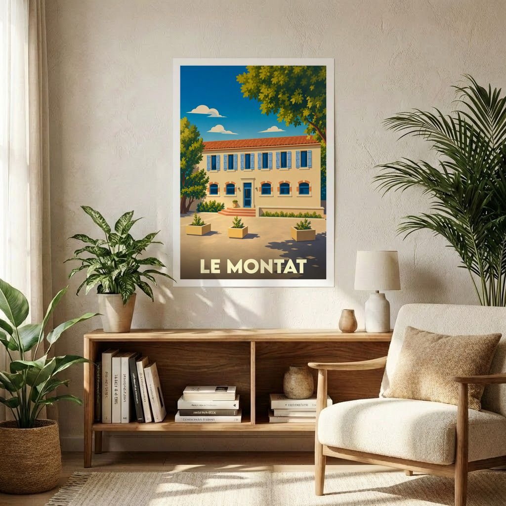 Affiche souvenir de la ville de Le Montat avec une illustration stylisée d'une bâtisse ensoleillée.
