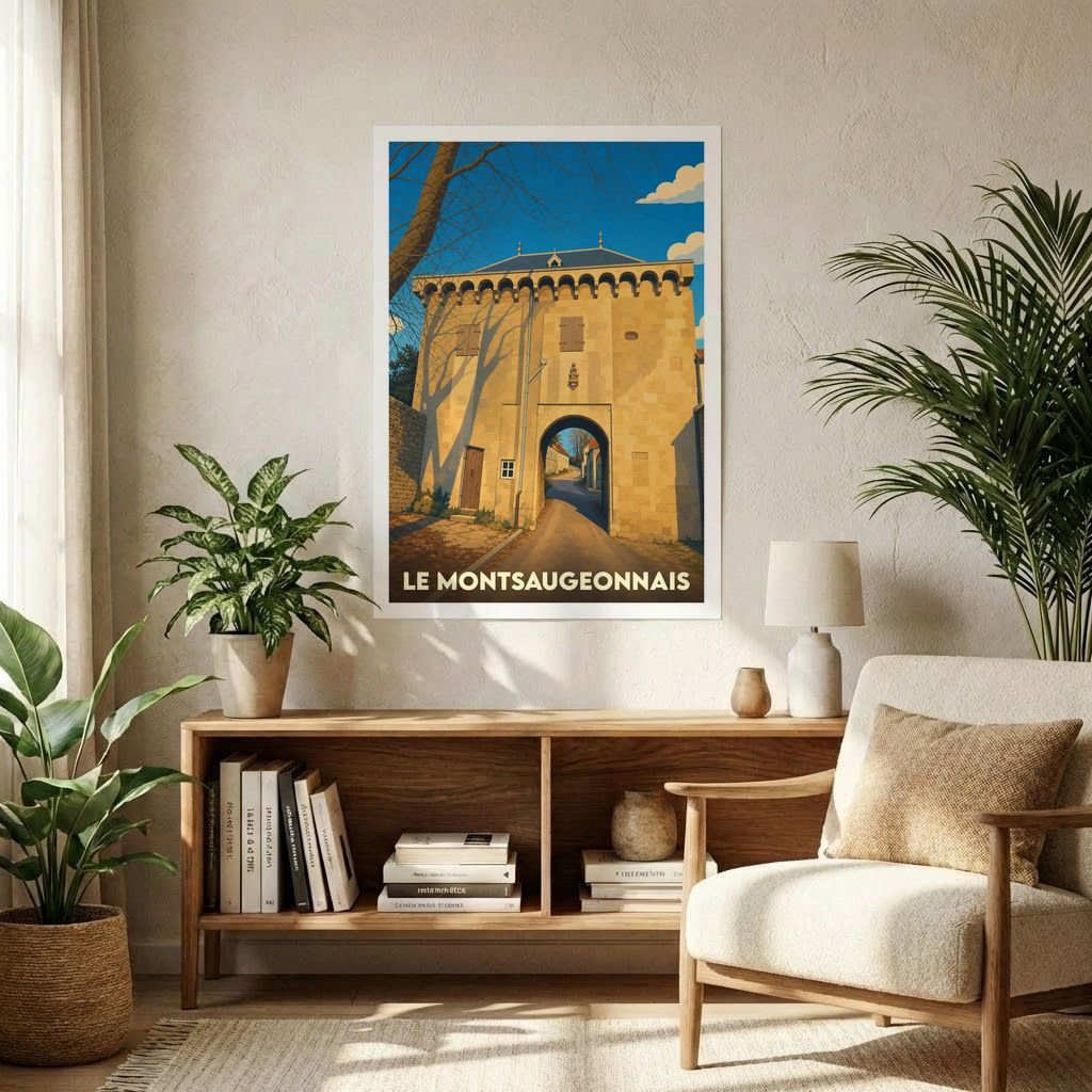 Affiche souvenir de la ville de Le Montsaugeonnais avec une illustration stylisée d'une porte médiévale sous le soleil.