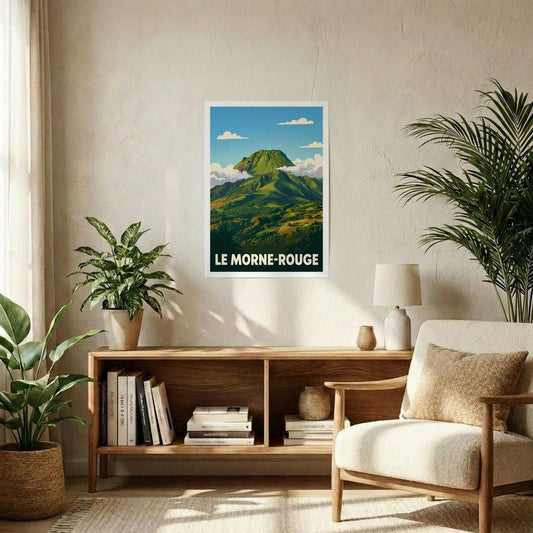 Affiche souvenir de la ville de Le Morne-Rouge avec une illustration stylisée de montagne.