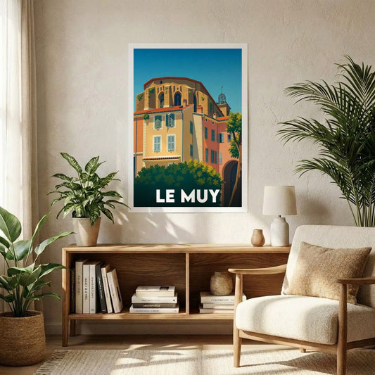 Affiche souvenir de la ville de Le Muy présentant une illustration stylisée de son architecture provençale.