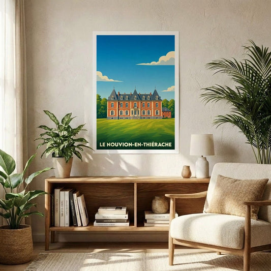 Affiche souvenir de la ville de Le Nouvion-en-Thiérache illustrant un grand château de briques rouges sous un ciel bleu.