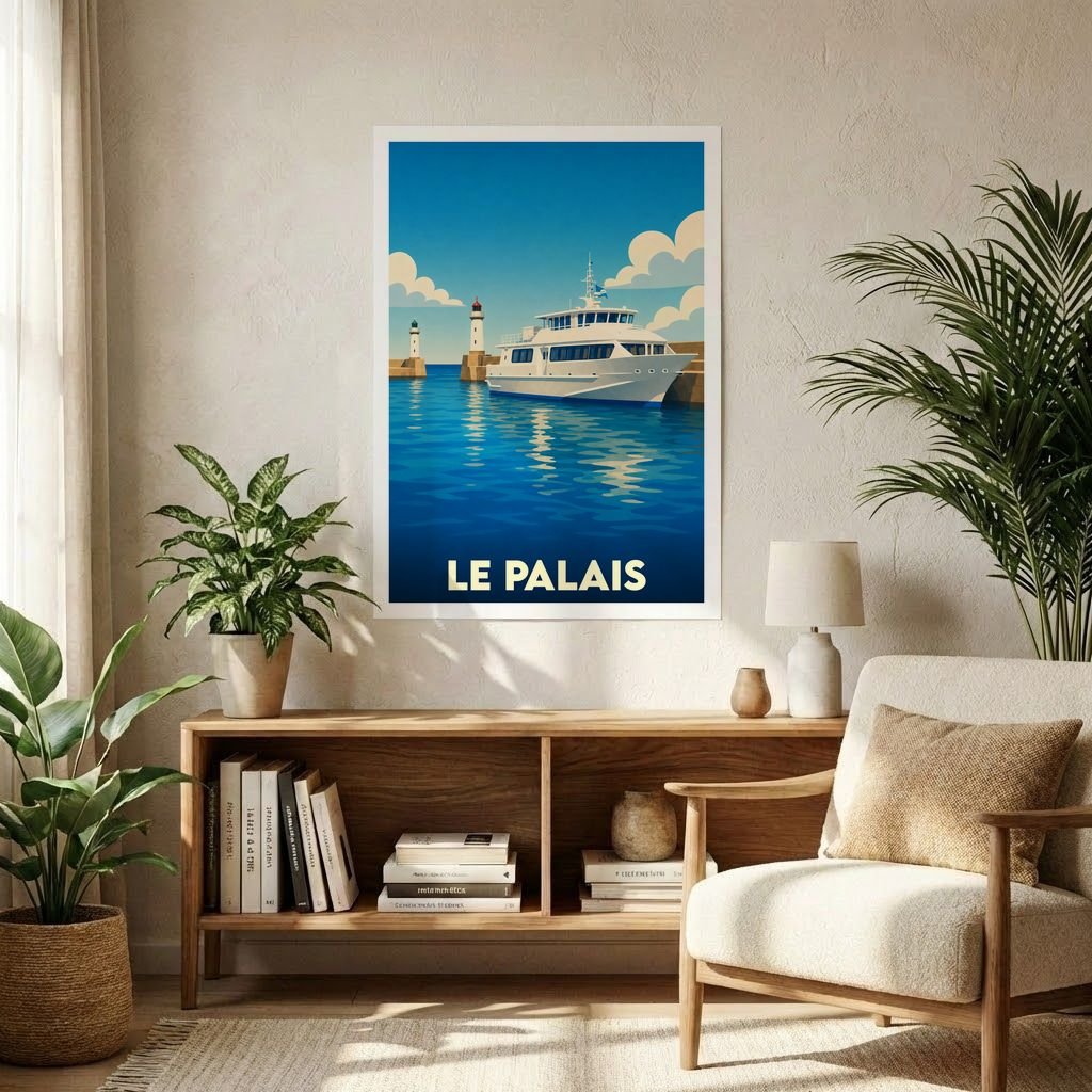 Affiche souvenir de la ville de Le Palais avec une illustration stylisée d'un navire au port.