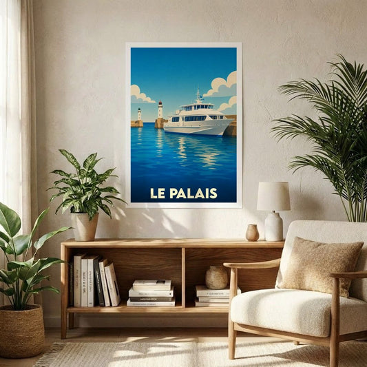 Affiche souvenir de la ville de Le Palais avec une illustration stylisée d'un navire au port.