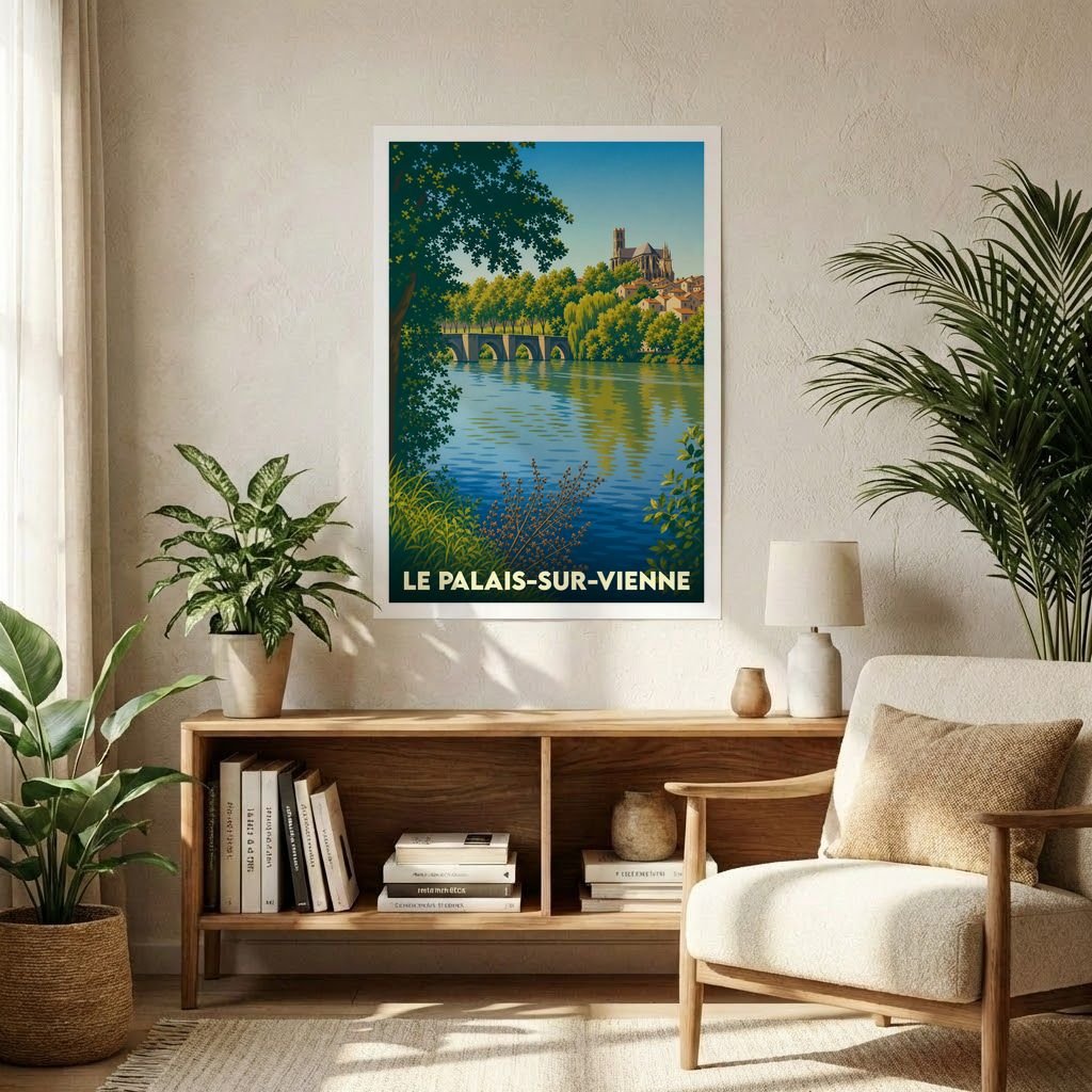 Affiche souvenir de la ville de Le Palais-sur-Vienne avec une illustration stylisée d'un pont et d'une église au bord de l'eau.