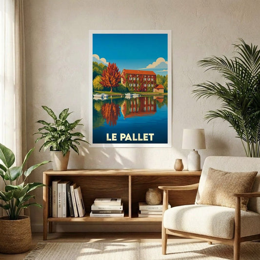 Affiche souvenir de la ville de Le Pallet avec une illustration stylisée d'un bâtiment au bord de l'eau.