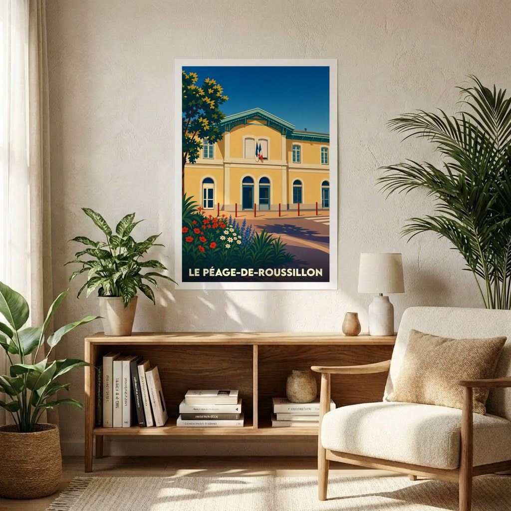 Affiche souvenir de la ville de Le Péage-de-Roussillon représentant sa gare dans un style graphique rétro.