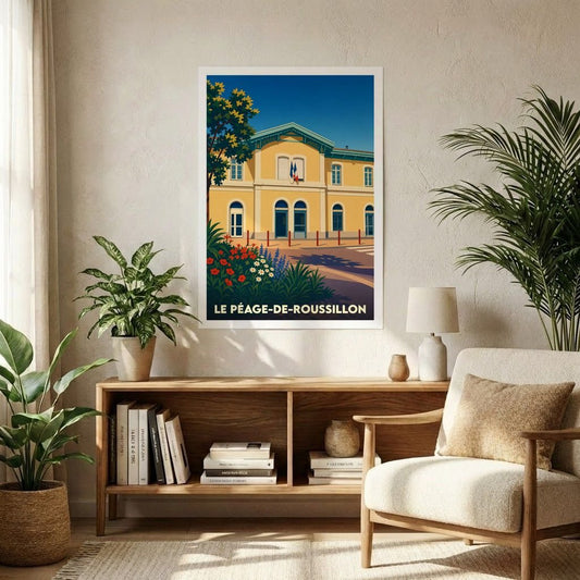 Affiche souvenir de la ville de Le Péage-de-Roussillon représentant sa gare dans un style graphique rétro.