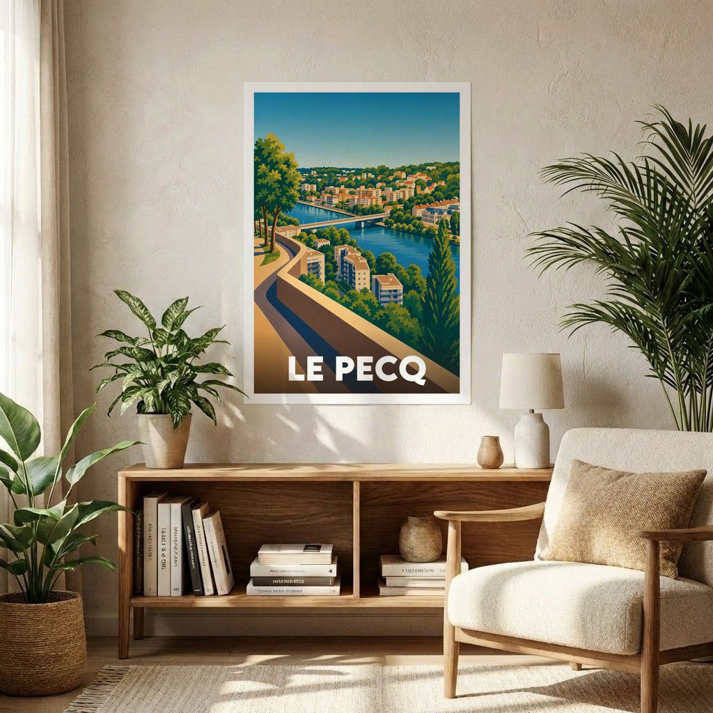 Affiche souvenir de la ville de Le Pecq avec une illustration stylisée de son paysage.