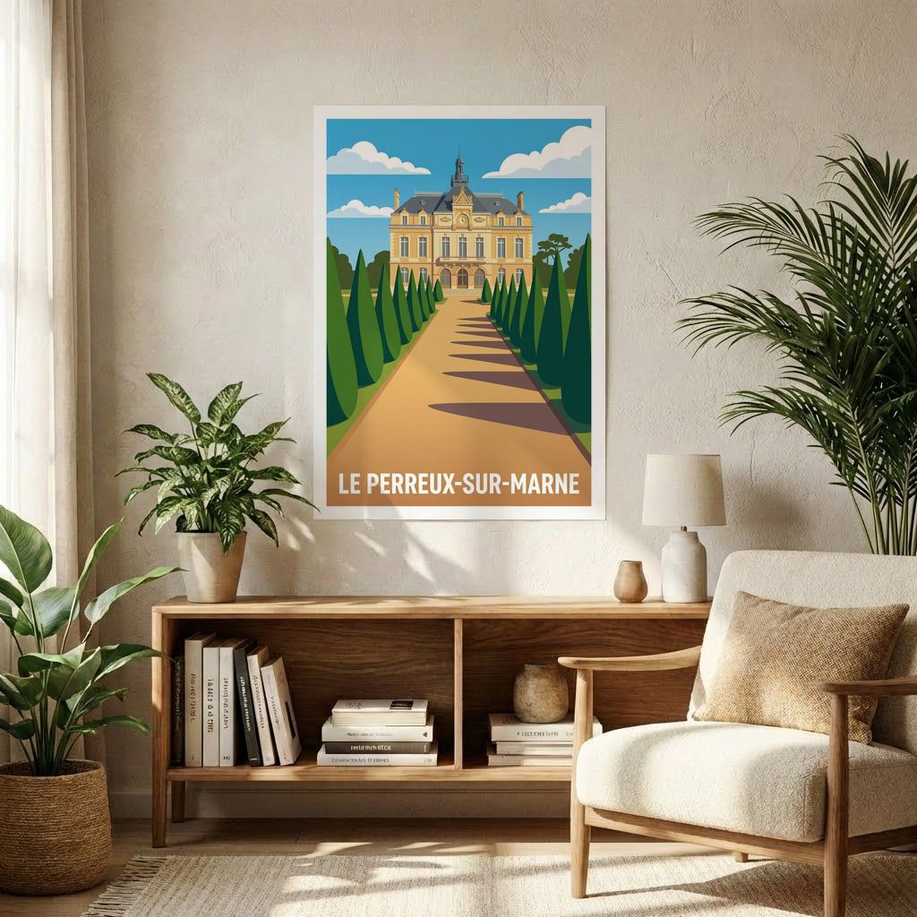 Affiche souvenir de la ville de Le Perreux-sur-Marne avec une illustration stylisée de son Hôtel de Ville.
