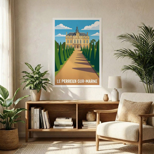 Affiche souvenir de la ville de Le Perreux-sur-Marne avec une illustration stylisée de son Hôtel de Ville.