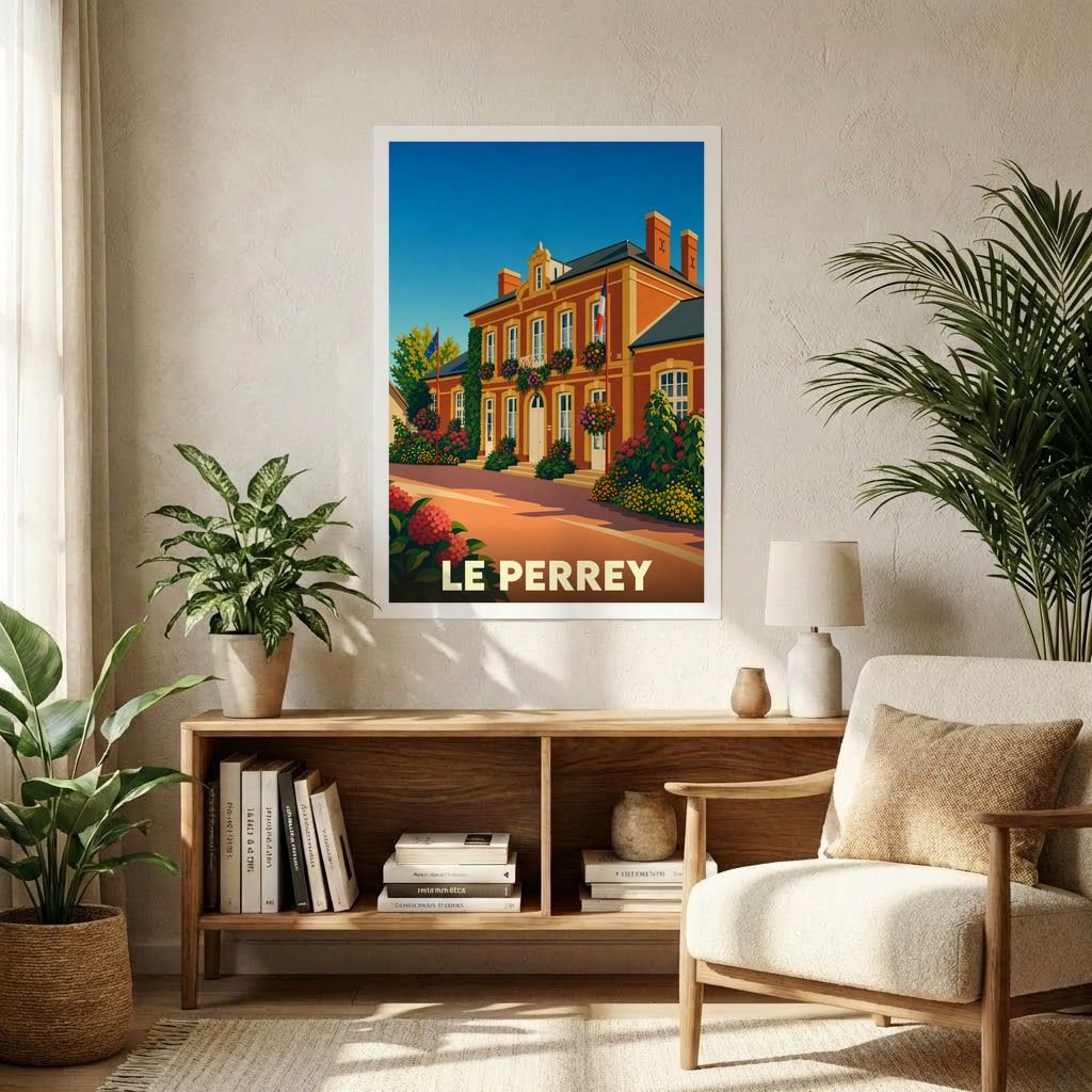 Affiche souvenir de la ville de Le Perrey présentant une illustration stylisée d'un bâtiment fleuri typique.