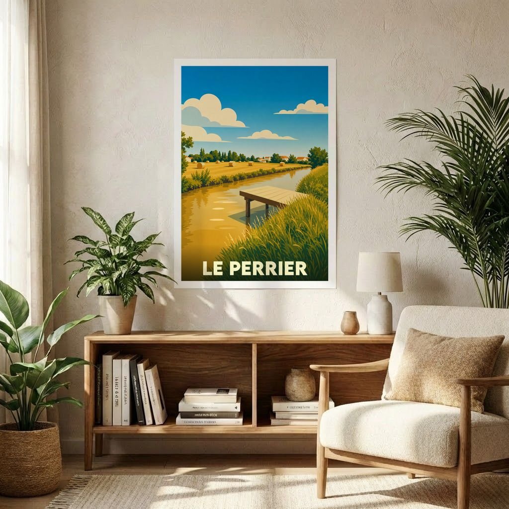 Affiche souvenir de la ville de Le Perrier avec une illustration stylisée d'un paysage de marais.