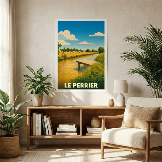 Affiche souvenir de la ville de Le Perrier avec une illustration stylisée d'un paysage de marais.