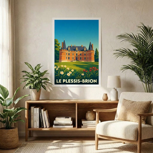Affiche souvenir de la ville de Le Plessis-Brion illustrant son château dans un style rétro et coloré.