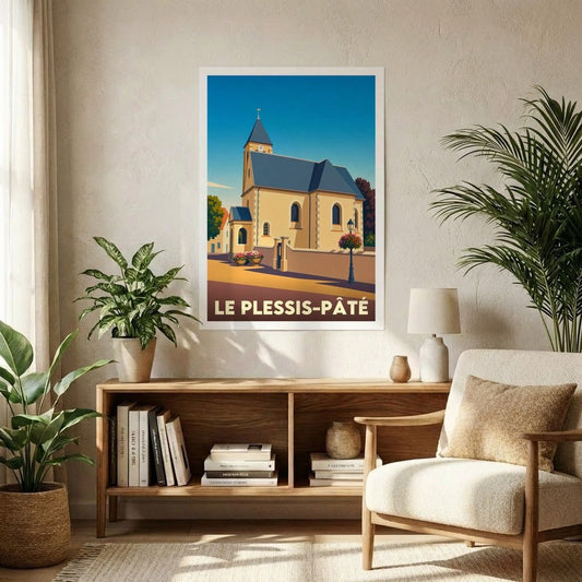 Affiche souvenir de la ville du Plessis-Pâté avec une illustration stylisée de son église sous un ciel bleu.