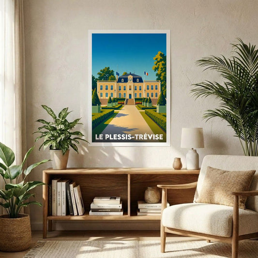 Affiche souvenir de la ville de Le Plessis-Trévise avec une illustration stylisée.