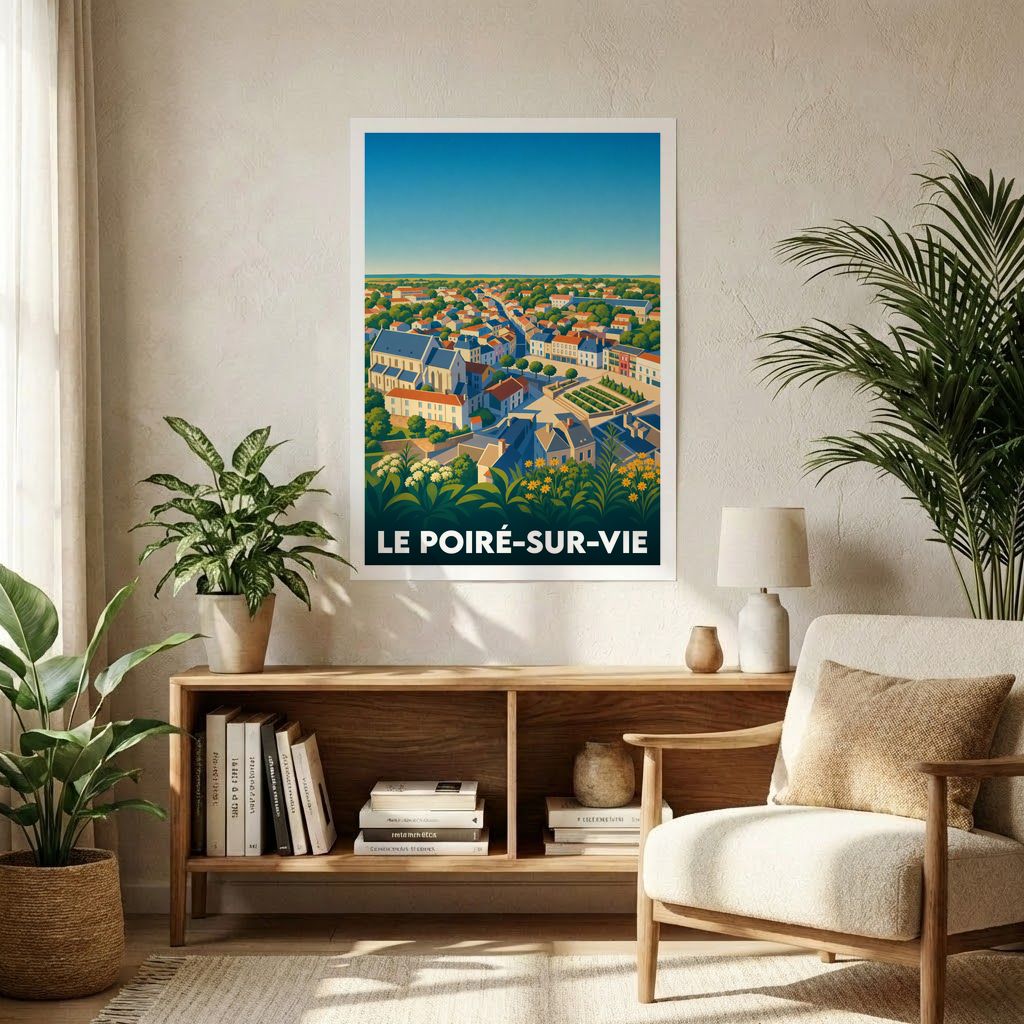 Affiche souvenir de la ville du Poiré-sur-Vie avec une illustration stylisée et colorée.