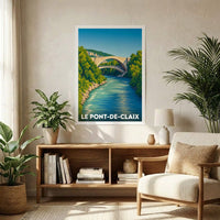 Affiche souvenir de la ville de Le Pont-de-Claix avec une illustration stylisée du pont Lesdiguières enjambant le Drac.