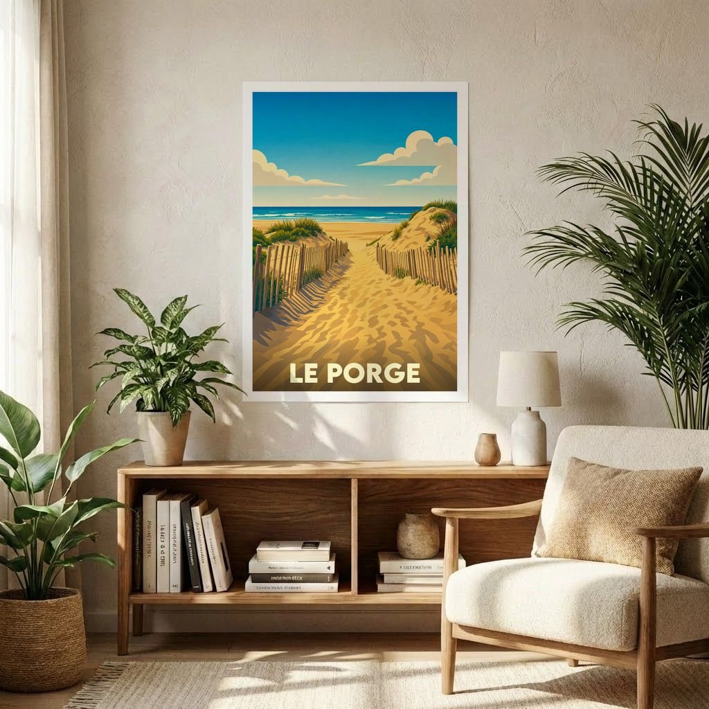 Affiche souvenir de la ville de Le Porge illustrant un chemin de sable menant à l'océan dans un style rétro.
