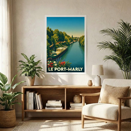 Affiche souvenir de la ville de Le Port-Marly avec une illustration stylisée d'une péniche sur la Seine.