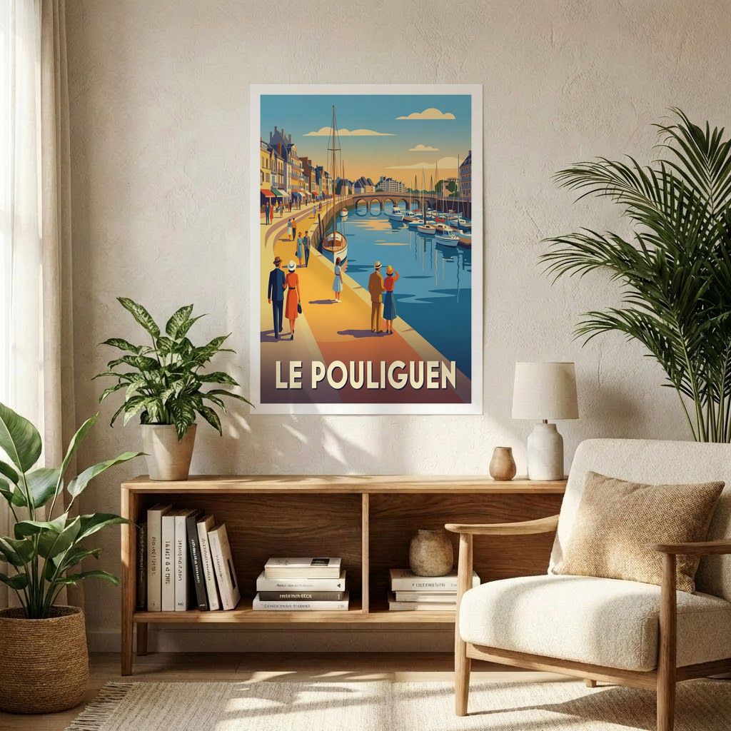 Affiche souvenir de la ville de Le Pouliguen avec une illustration stylisée de son port.