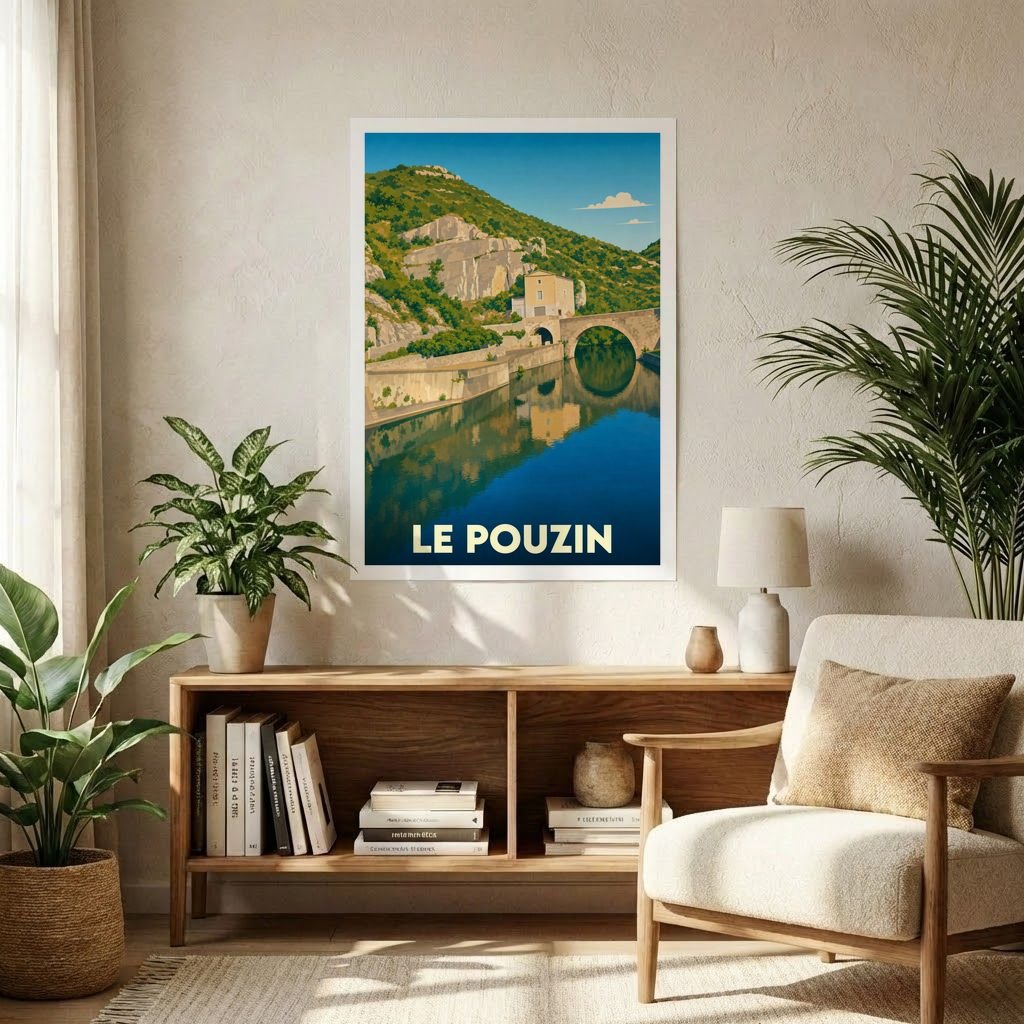 Affiche souvenir de la ville du Pouzin avec une illustration stylisée représentant son pont et les montagnes environnantes.
