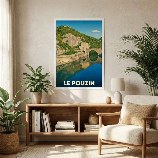 Affiche souvenir de la ville du Pouzin avec une illustration stylisée représentant son pont et les montagnes environnantes.