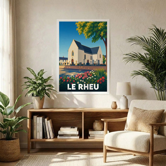 Affiche souvenir de la ville de Le Rheu avec une illustration stylisée d'une église sous un ciel bleu.