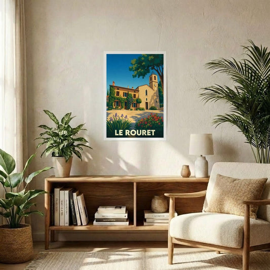 Affiche souvenir de la ville de Le Rouret avec une illustration stylisée d'une place ensoleillée.