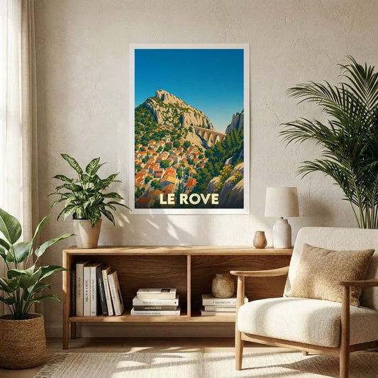 Affiche souvenir de la ville de Le Rove avec une illustration stylisée d'un village côtier et son viaduc.