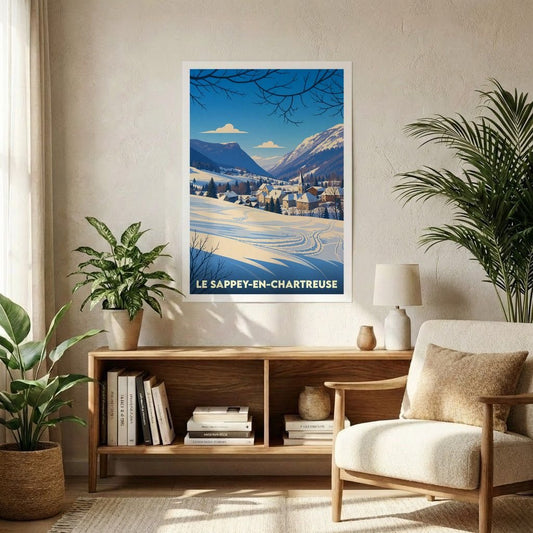Affiche souvenir de la ville du Sappey-en-Chartreuse avec une illustration stylisée d'un paysage de montagne enneigé.
