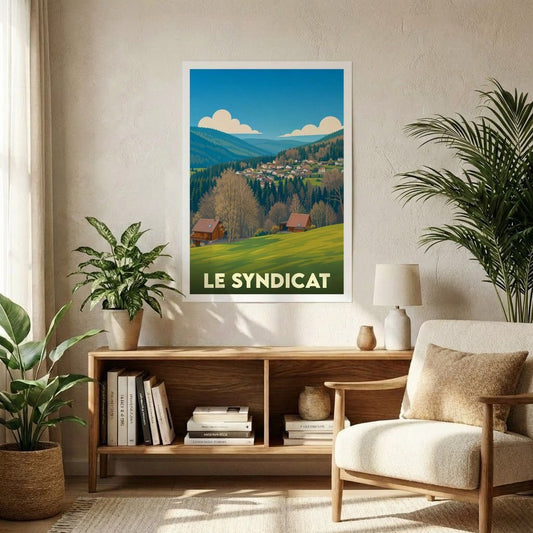 Affiche souvenir de la ville de Le Syndicat présentant une illustration stylisée de son paysage montagneux.
