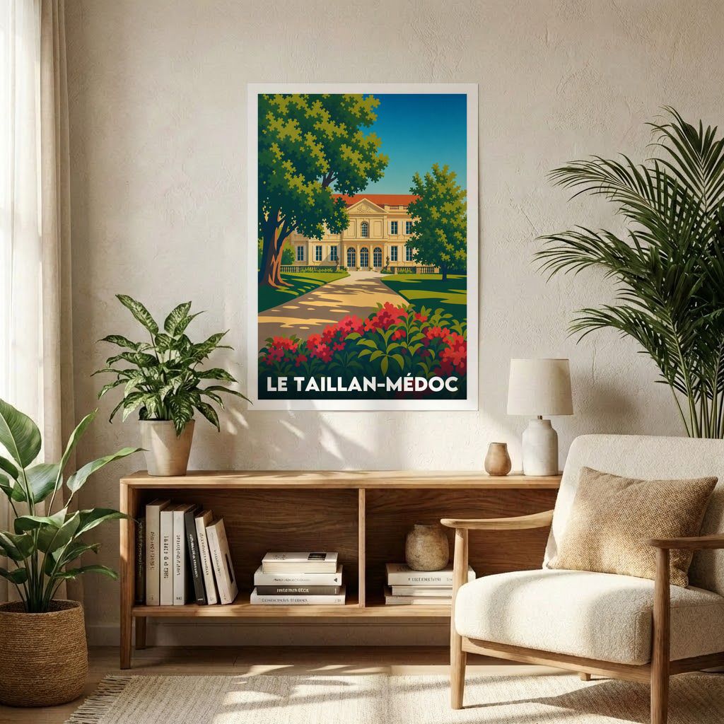 Affiche souvenir de la ville de Le Taillan-Médoc avec une illustration stylisée d'un château et de son parc.