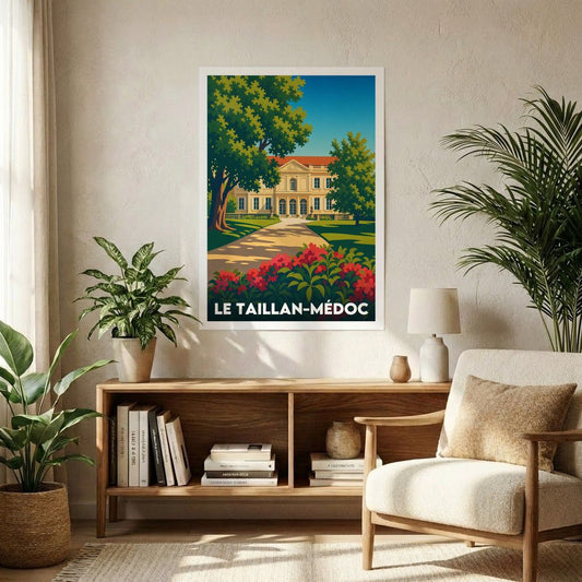 Affiche souvenir de la ville de Le Taillan-Médoc avec une illustration stylisée d'un château et de son parc.
