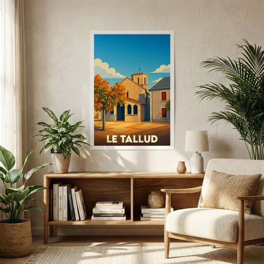 Affiche souvenir de la ville de Le Tallud avec une illustration stylisée d'une église sous un ciel bleu.