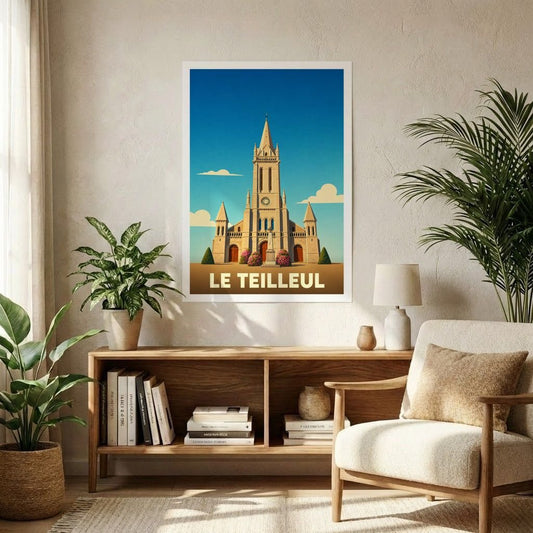 Affiche souvenir de la ville de Le Teilleul avec une illustration stylisée de son église.