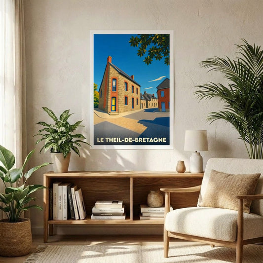 Affiche souvenir de la ville de Le Theil-de-Bretagne avec une illustration stylisée et colorée de ses maisons traditionnelles.