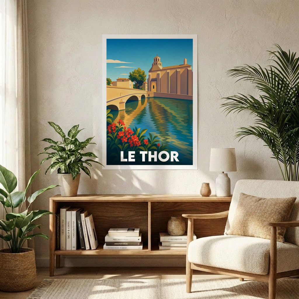 Affiche souvenir de la ville de Le Thor avec une illustration stylisée d'un pont et d'une église au bord de l'eau.