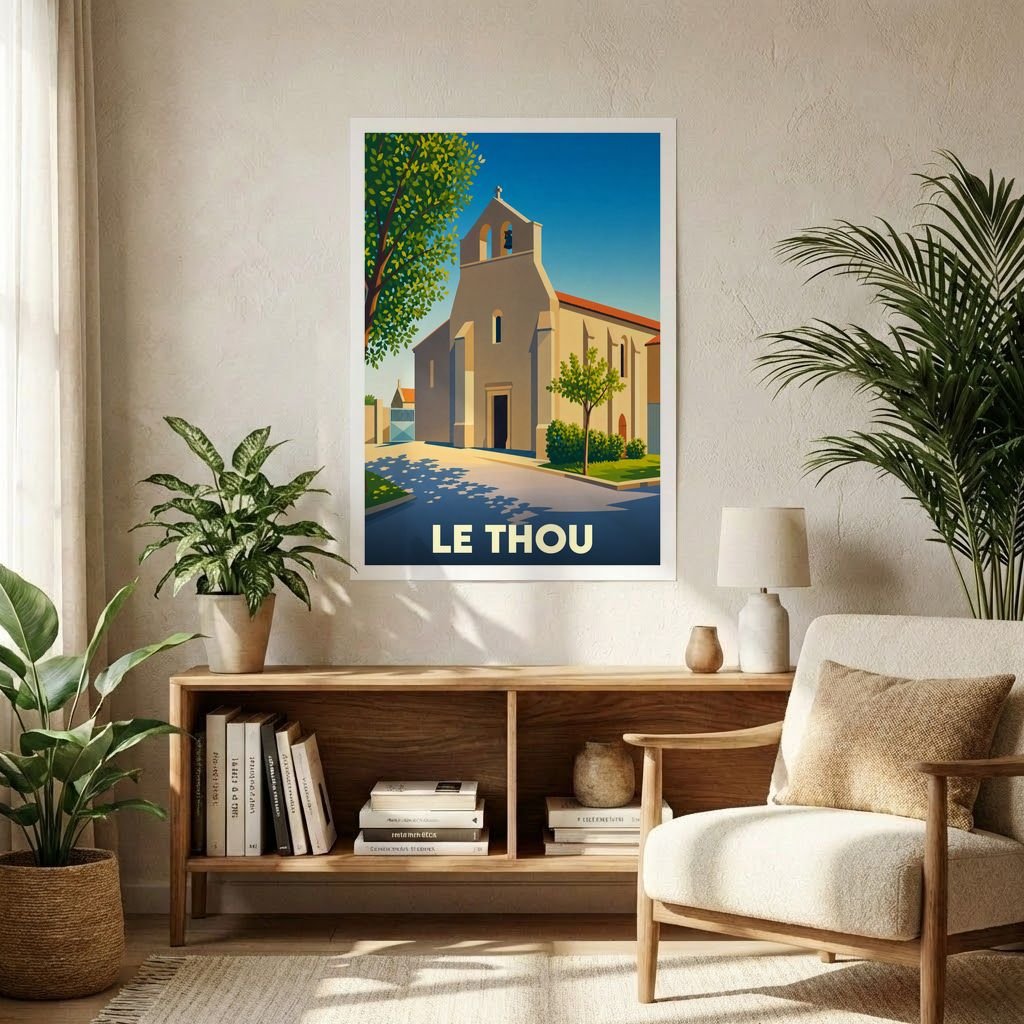 Affiche souvenir de la ville de Le Thou avec une illustration stylisée de son église sous un ciel bleu.