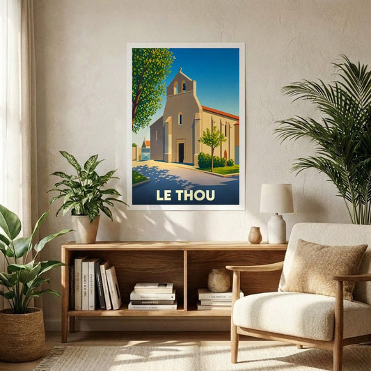 Affiche souvenir de la ville de Le Thou avec une illustration stylisée de son église sous un ciel bleu.