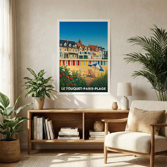 Affiche souvenir de la ville de Le Touquet-Paris-Plage avec une illustration stylisée de sa plage et de ses cabines colorées.