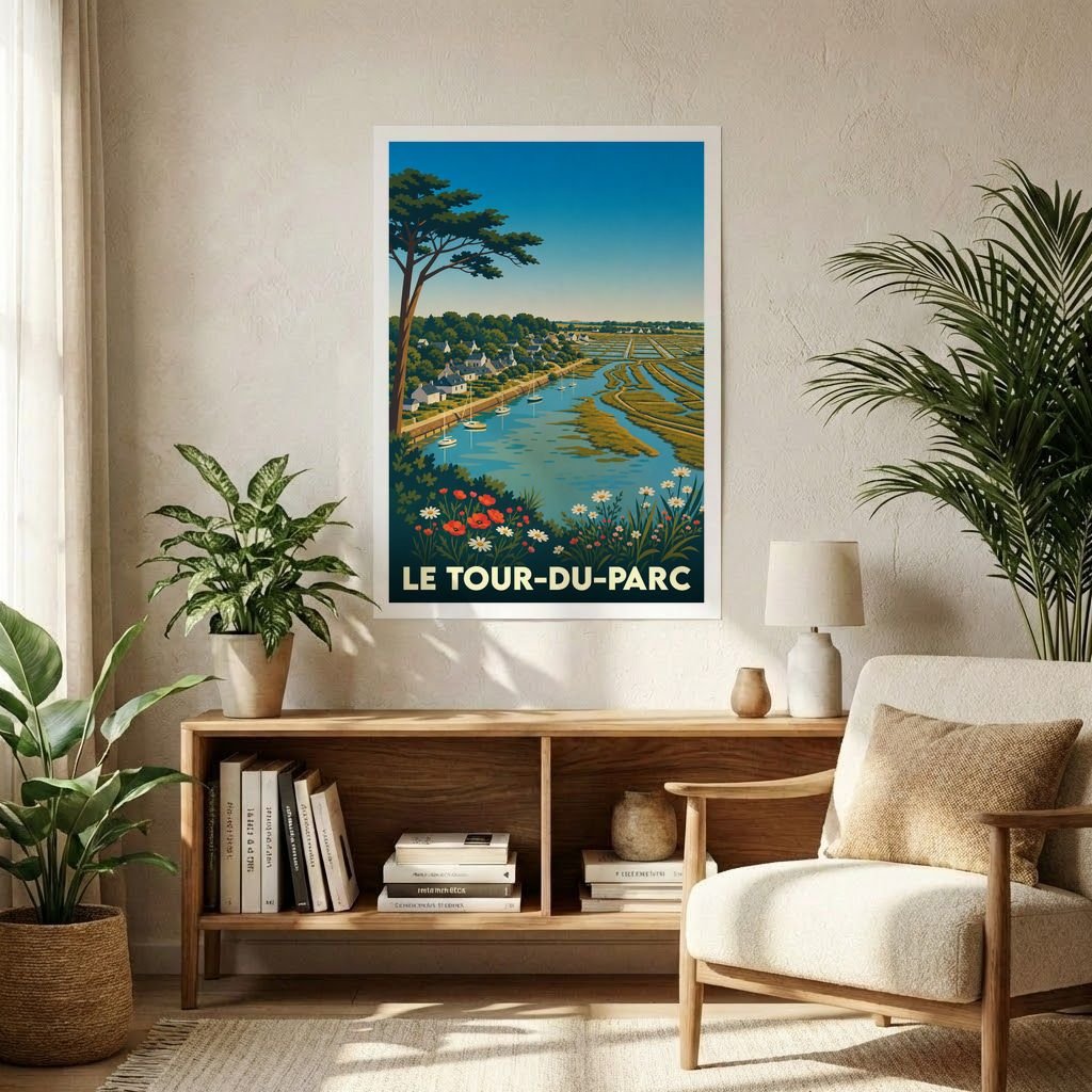 Affiche souvenir de la ville de Le Tour-du-Parc avec une illustration stylisée de son paysage côtier.