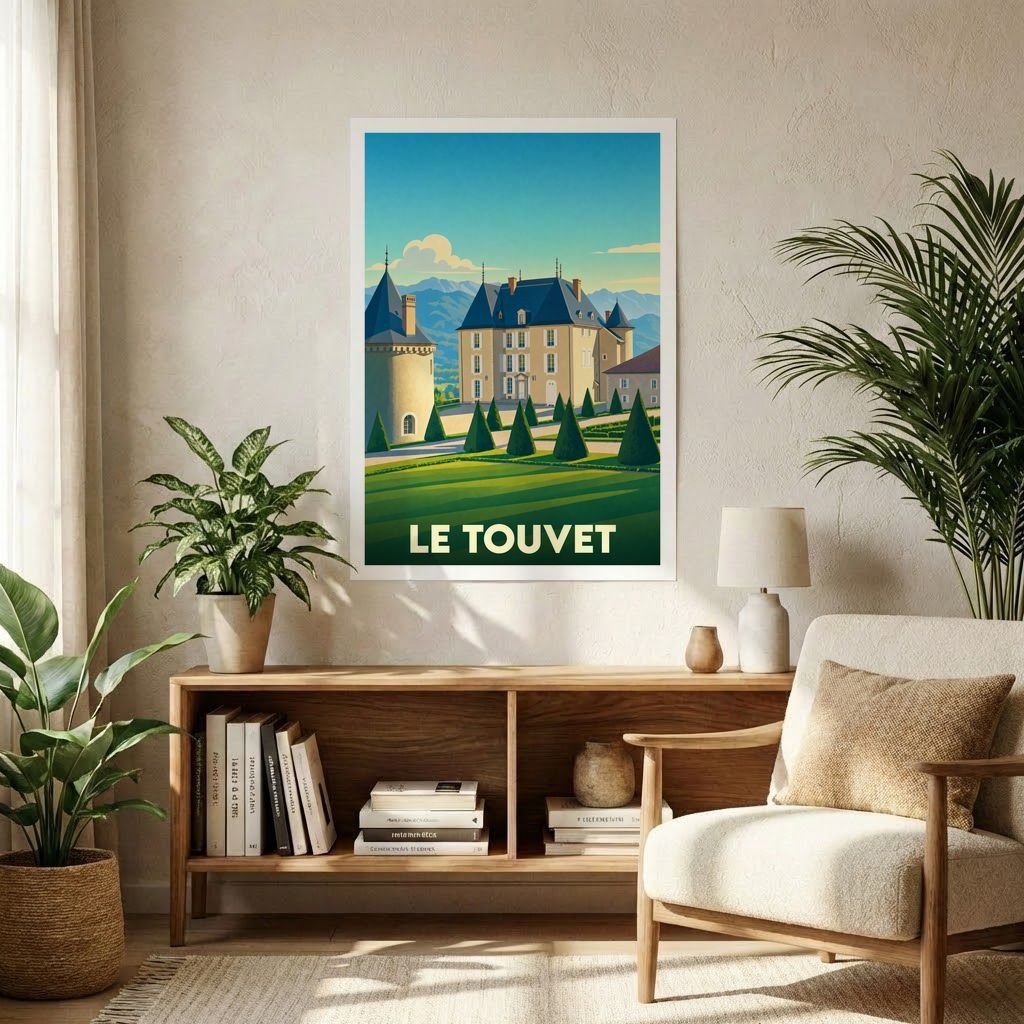 Affiche souvenir de la ville de Le Touvet avec une illustration stylisée de son château.