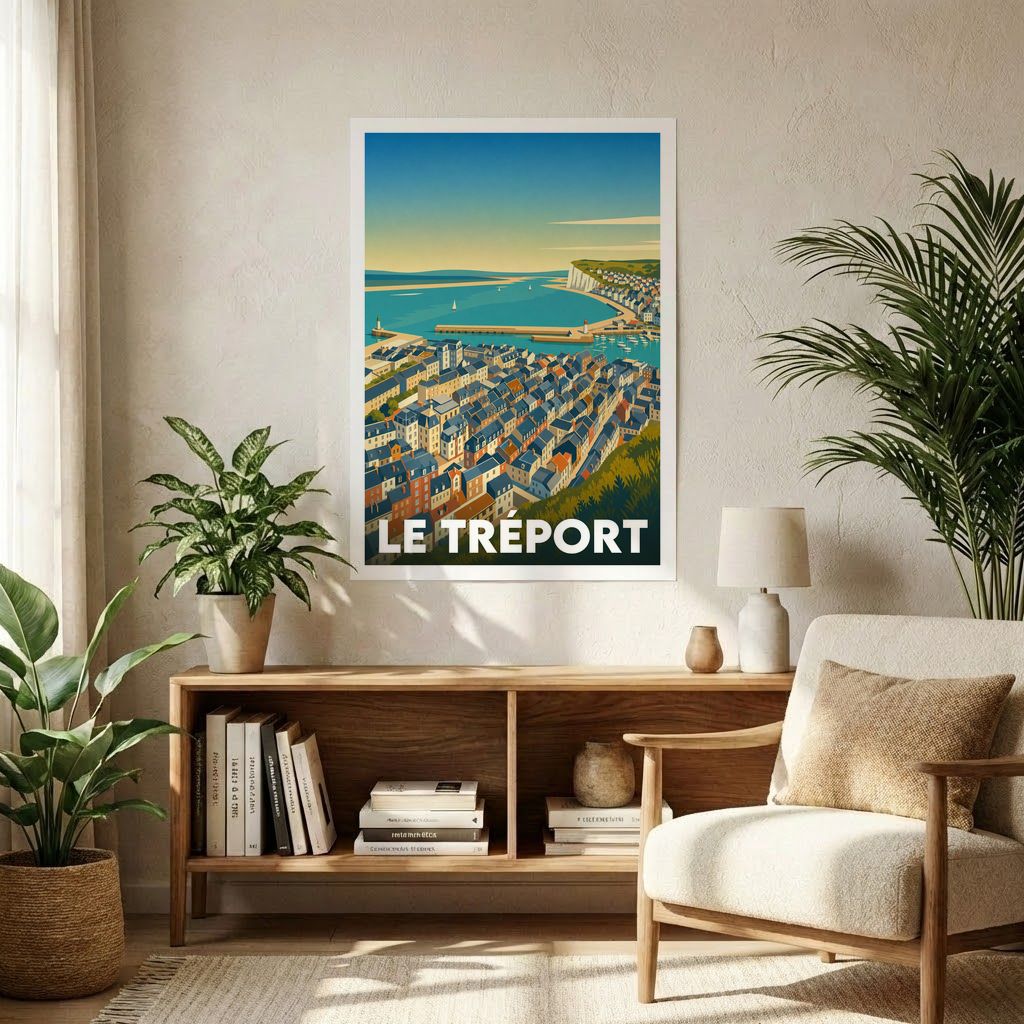 Affiche souvenir de la ville du Tréport avec une illustration stylisée.