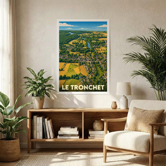 Affiche souvenir de la ville du Tronchet avec une illustration stylisée représentant un paysage aérien verdoyant.