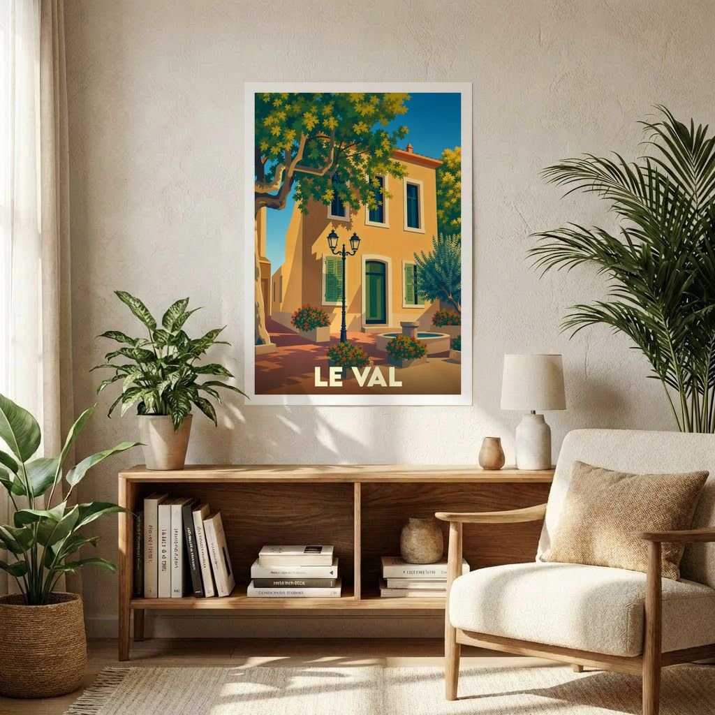 Affiche souvenir de la ville de Le Val avec une illustration stylisée d'une place ensoleillée.