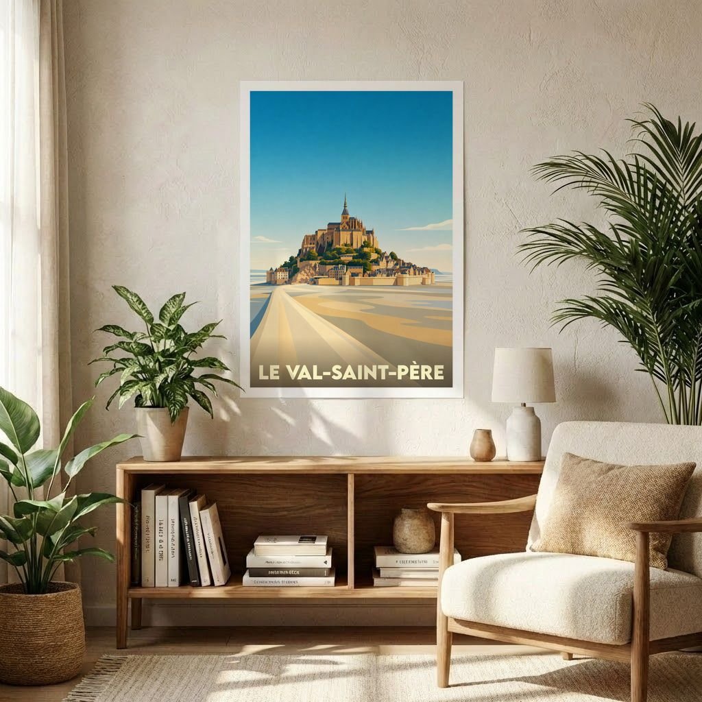 Affiche souvenir de la ville de Le Val-Saint-Père avec une illustration stylisée du Mont-Saint-Michel.